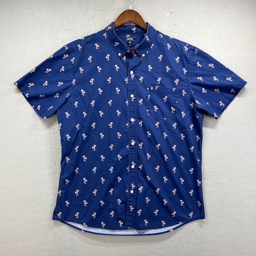 IZOD Button Down Shirt Men XL Faded Blue Palm Tree Short Sleeve Preppy Tropical